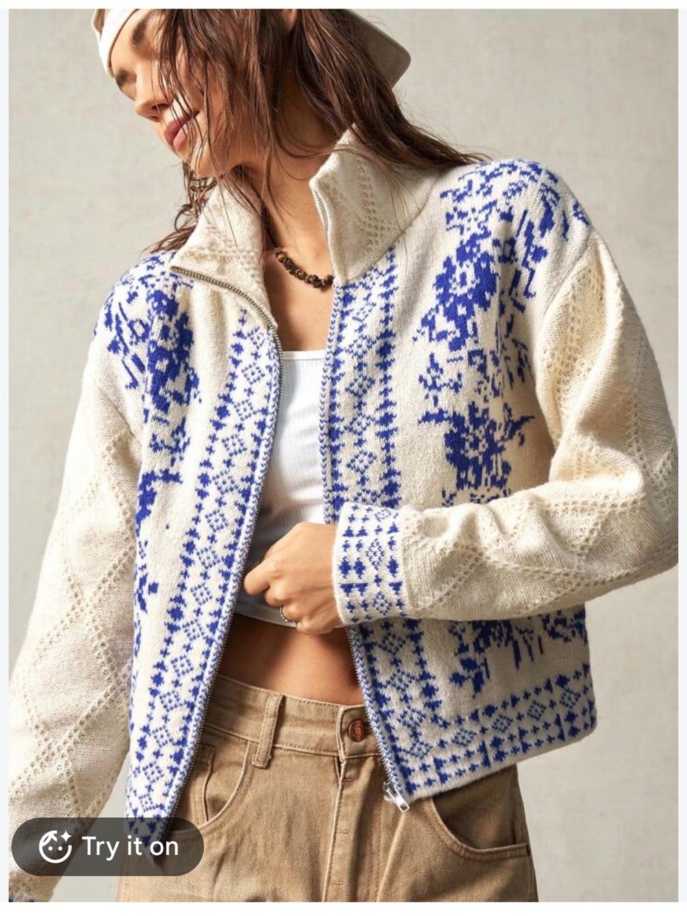 NWOT Boutique Boho Blue Cream Floral Cardigan Sweater Size L